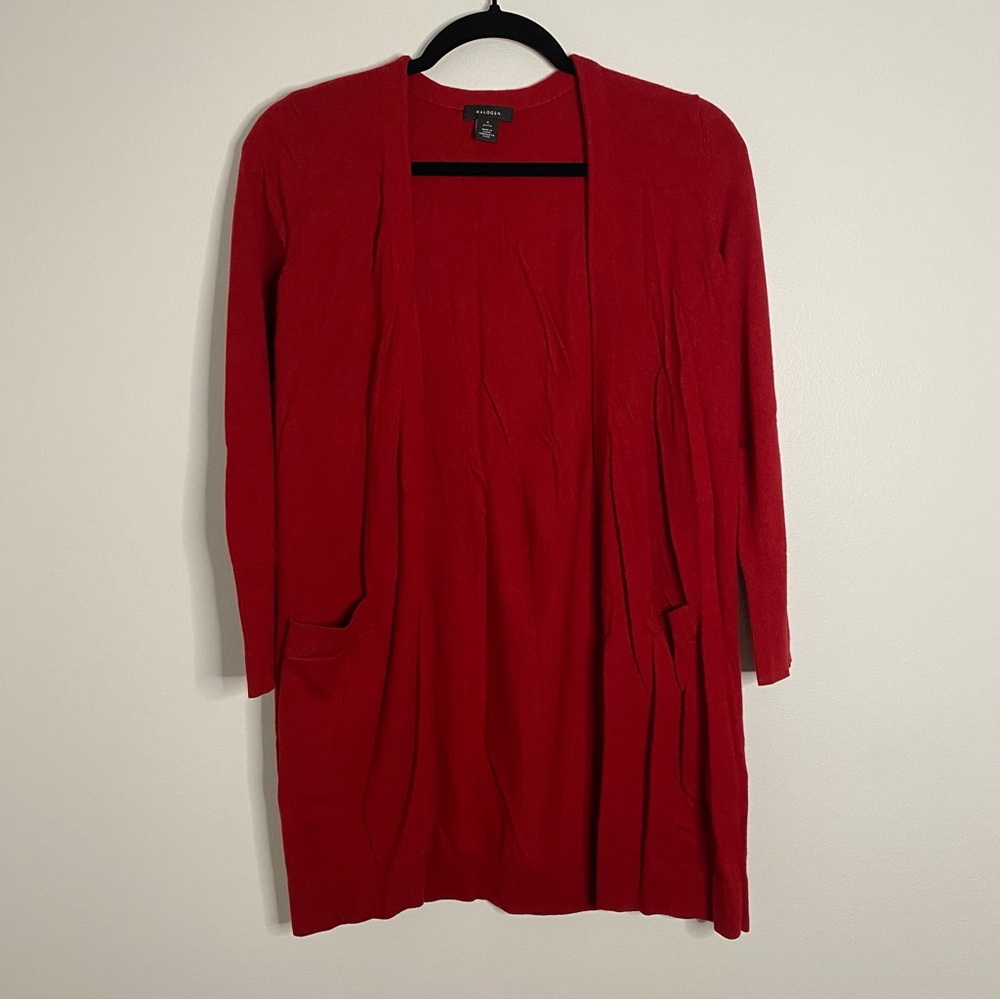 Halogen Women's SZ Petite Small Red Open Front Ribbed Sleeves Pockets Cardigan